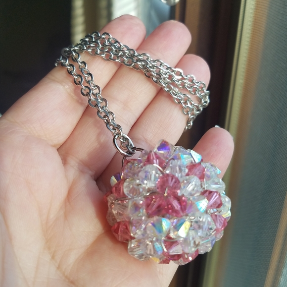 Swarovski Elements Aurora Borealis & Pink Large Beaded Ball On Chain Necklace - Picture 9 of 11